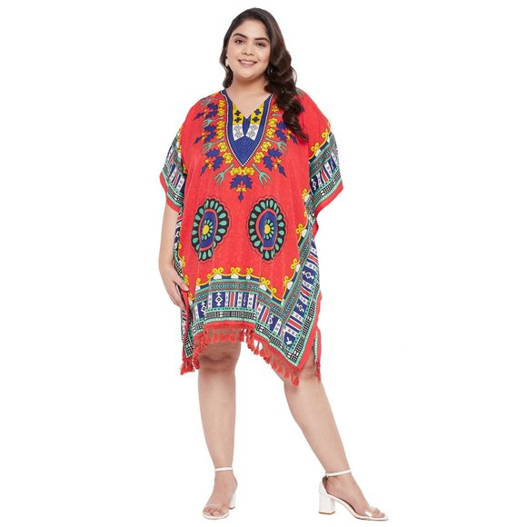 Dashiki Printed Red Polyester Short Caftan Tunic Dress for Women by Gypsie Blu - Picture 1 of 7